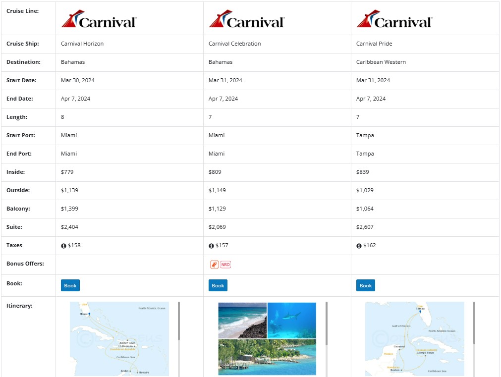 Carnival 7 and 8 day sailings